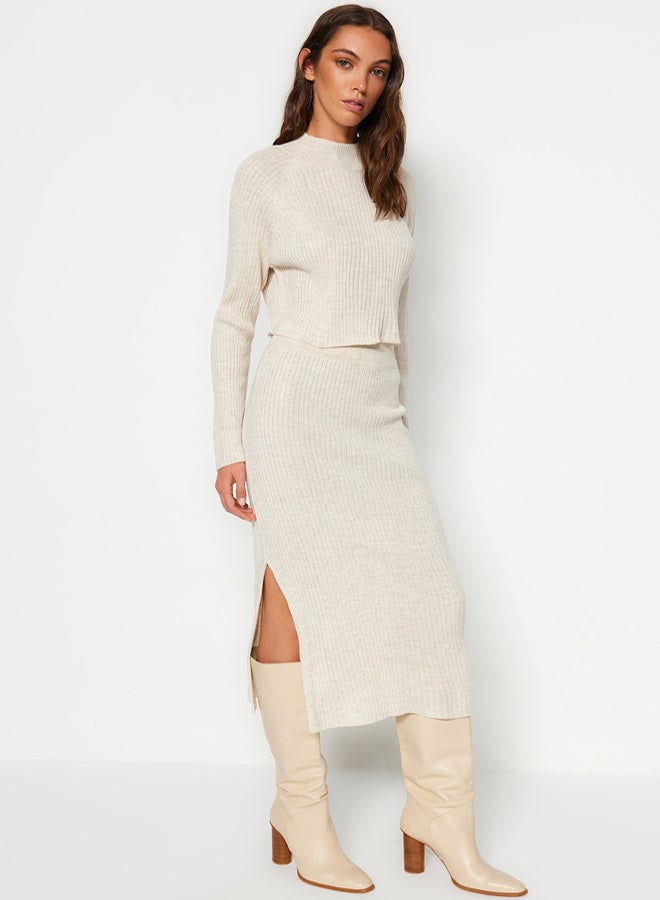 trendyol Beige Crop Pencil Skirt Knitwear Bottom-Top Set - Image 2