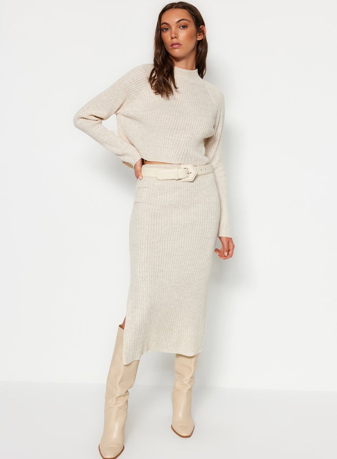 trendyol Beige Crop Pencil Skirt Knitwear Bottom-Top Set - Image 1
