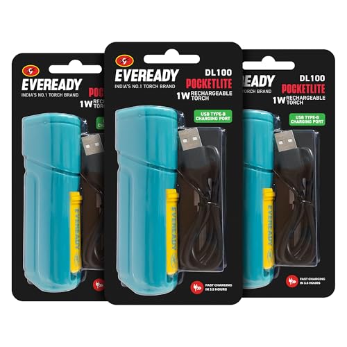Eveready Pocketlite DL100, Rechargeable 1W LED Torch Cum Emergency 2W Sidelight, Type-B/Micro-USB Fast Charging, Overcharge & Deep Discharge Protection, Powered by Li-Ion Battery, Pack of 3 - Image 1