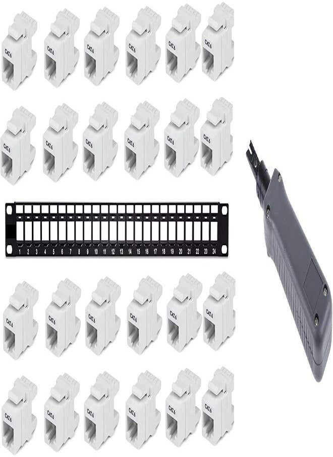 DKURVE 24-Port  1U Patch Panel Cat5, Cat5e, Cat6, Cat6A, UTP, 19 Rackmount Design With 24 Keystone Jack & Punch Down Tool  - Image 1