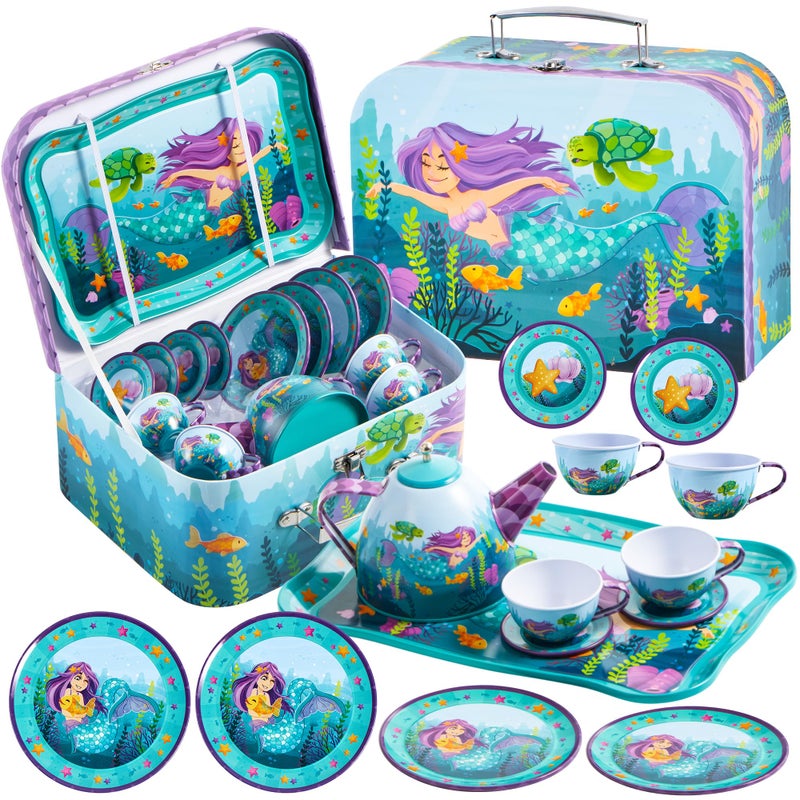 JOYIN Mermaid Tea Party Set for Little Girls Pretend Tin Teapot Set Princess Tea Time Play Kitchen Toy with Teapot Cups Plates Carrying Case for Easter Birthday Gifts Kids Toddlers Age 3 4 5 6 - Image 2