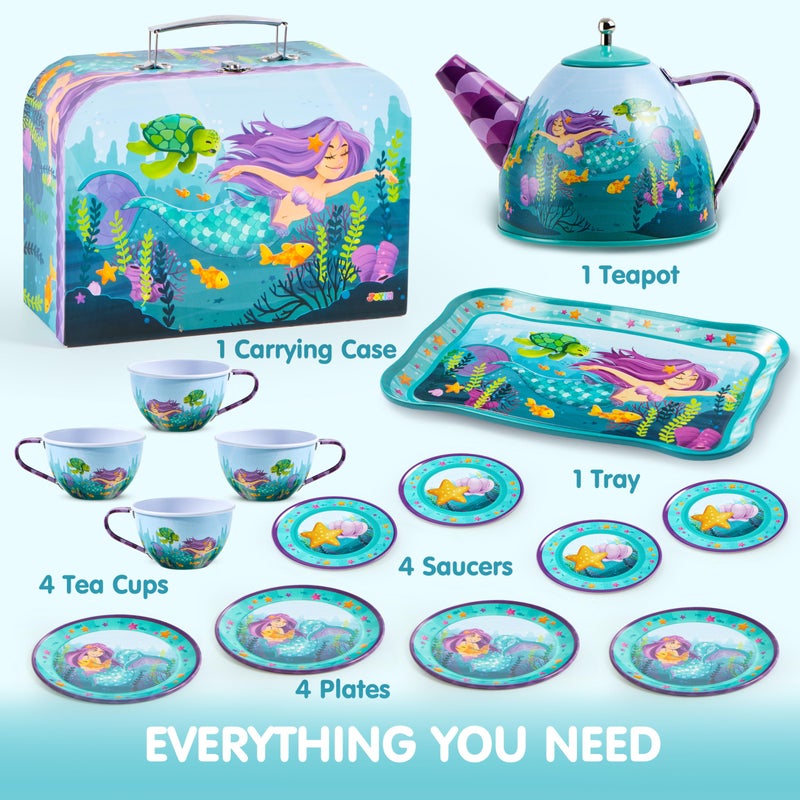 JOYIN Mermaid Tea Party Set for Little Girls Pretend Tin Teapot Set Princess Tea Time Play Kitchen Toy with Teapot Cups Plates Carrying Case for Easter Birthday Gifts Kids Toddlers Age 3 4 5 6 - Image 3