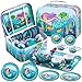 JOYIN Mermaid Tea Party Set for Little Girls Pretend Tin Teapot Set Princess Tea Time Play Kitchen Toy with Teapot Cups Plates Carrying Case for Easter Birthday Gifts Kids Toddlers Age 3 4 5 6 - Image 4