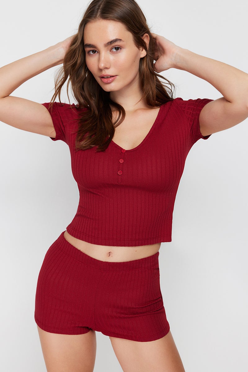 trendyol Burgundy Button Detailed Knitted Pajamas Set with Ribbed Shorts Thmss24Pt00097 - Image 3