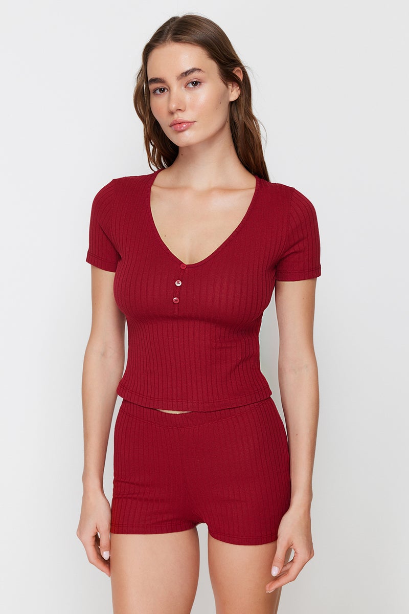 trendyol Burgundy Button Detailed Knitted Pajamas Set with Ribbed Shorts Thmss24Pt00097 - Image 4
