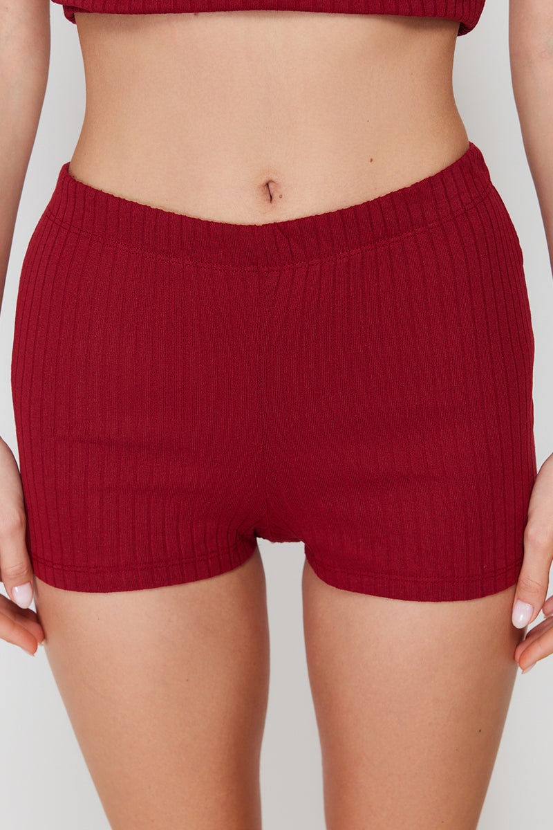 trendyol Burgundy Button Detailed Knitted Pajamas Set with Ribbed Shorts Thmss24Pt00097 - Image 5