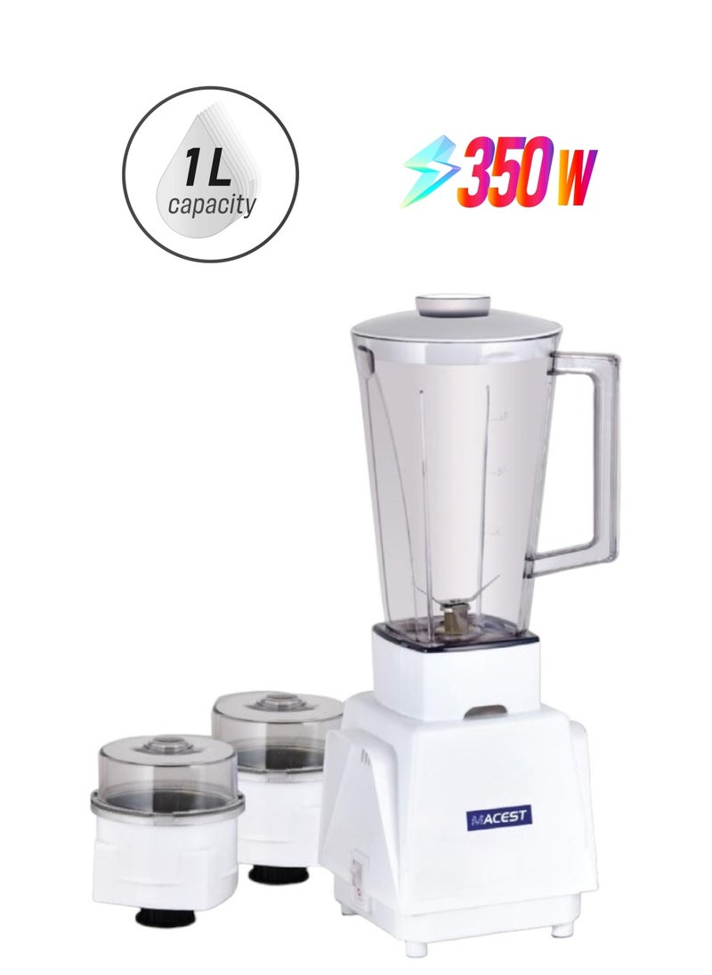MACEST Multifunctional Electric Blender With Stainless Steel Blades 1L Jar 2 Grinders Over Heat Protection Coffee Grinder & Smoothie Maker 350W White  - Image 1