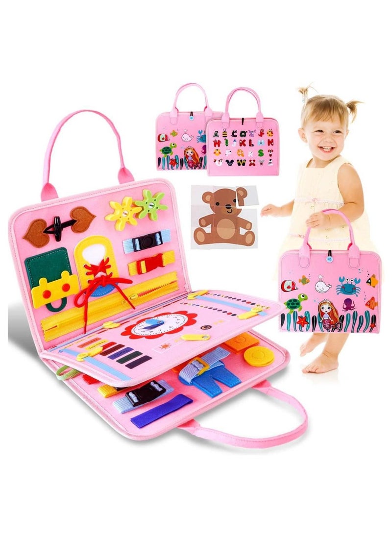 يونيكبيبي كتاب الأنشطة الحسي للأطفال، لوحة تعليمية مونتيسوري لتنمية المهارات، كتاب هادئ محمول، لعبة سفر، تطوير مهارات الحياة والمهارات الحركية الدقيقة للأطفال الصغار، تصميم حورية البحر الوردية - Image 1