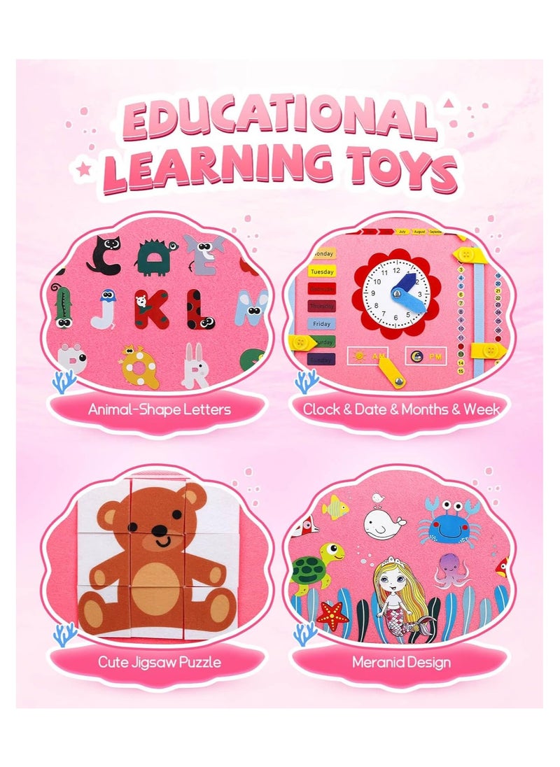 unikbebe Busy Board Books, Montessori Sensory Activity Board for Early Learning, Multifunctional Portable Quiet Book, Travel Carry-on Toy, Preschool Kids Learning Life Skills & Fine Motor Skills, Kid-Friendly Felt Material Board Game, Pink Mermaid Design  - Image 2