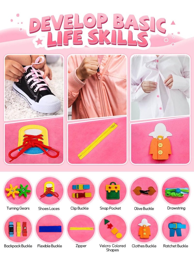 unikbebe Busy Board Books, Montessori Sensory Activity Board for Early Learning, Multifunctional Portable Quiet Book, Travel Carry-on Toy, Preschool Kids Learning Life Skills & Fine Motor Skills, Kid-Friendly Felt Material Board Game, Pink Mermaid Design  - Image 3
