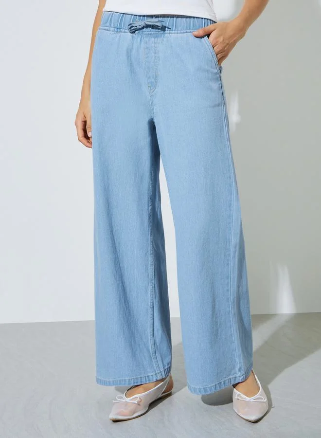 Styli Light Blue Jogger Style Wide Leg Jeans with Drawcord