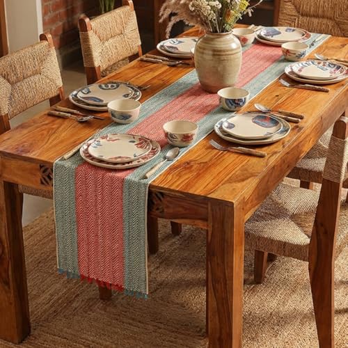 Peepul Tree Handmade Table Runner for 6 Seater| Multipurpose Natural Grass Table Runner for Dining Table, Coffee & Centre Table | Non-Slippery | Heat-Resistant |12" x 72"Inch | Crystal Teal & Red - Image 1