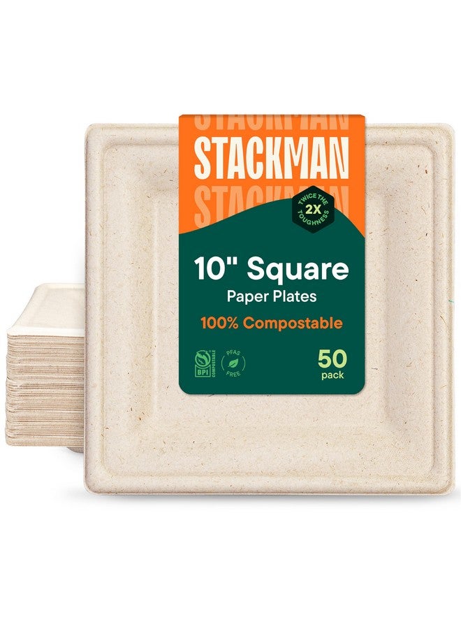 Stack Man 100% Compostable Square Paper Plates [10 inch - 50-Pack] Elegant Disposable Dinner Plates Heavy-Duty Quality, Natural Bagasse Unbleached Eco-Friendly Made of Sugar Cane Fibers, 10" Biodegradable Plate - Image 1