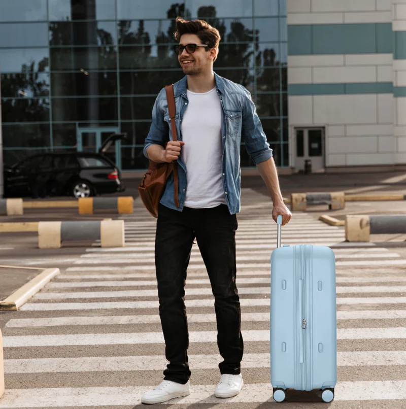 كابينبرو حقيبة سفر بعجلات دوارة للجنسين قابلة للتوسيع من البولي بروبلين خفيفة الوزن بهيكل صلب وعجلات مزدوجة  درجة وسحابات مزدوجة -رمادي أزرق