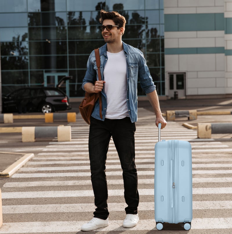 CABINPRO Unisex Expandable Medium Checked PP Fashion Trolley Lightweight Hard Shell Spinner luggage with 360° Degree 4 Twin Wheel and Double Zippers CP003-Grey Blue - Image 2