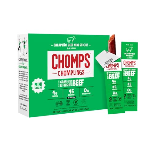Chomps Snack Size Grass-Fed and Finished Jalapeño Beef Jerky Snack Sticks 0.5oz 24-Pack - Keto, Paleo, Whole30, 4g Lean Meat Protein, Gluten-Free, Zero Sugar Food, Non-GMO Chomplings - Image 1