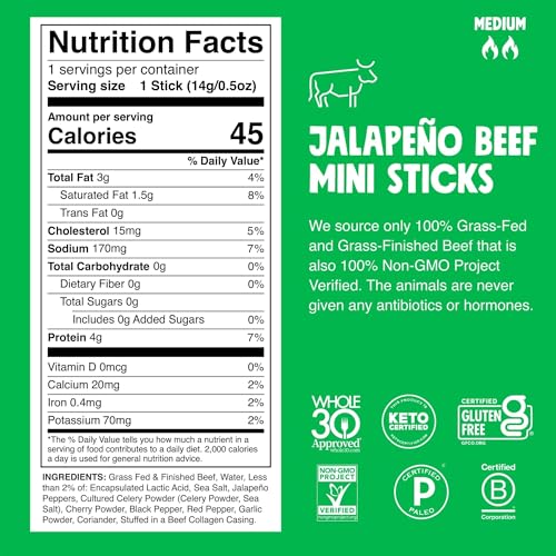 Chomps Snack Size Grass-Fed and Finished Jalapeño Beef Jerky Snack Sticks 0.5oz 24-Pack - Keto, Paleo, Whole30, 4g Lean Meat Protein, Gluten-Free, Zero Sugar Food, Non-GMO Chomplings - Image 2