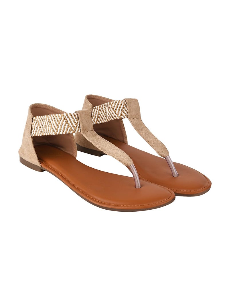 Shoetopia Women's Ethnic Style T-Strap Sandals –Cream Chevron Ankle Strap Flats for Casual & Festive Comfortable & Stylish Party EU39 - Image 5