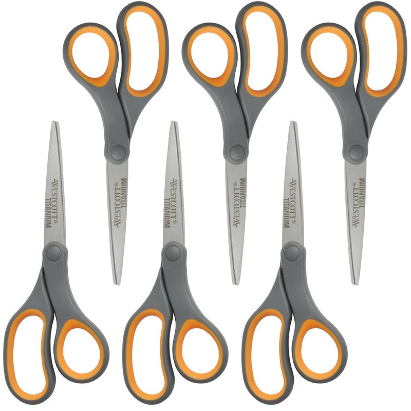 Westcott Westcott Titanium Bonded Scissors Soft Handle 8 Straight GrayYellow 6Pack