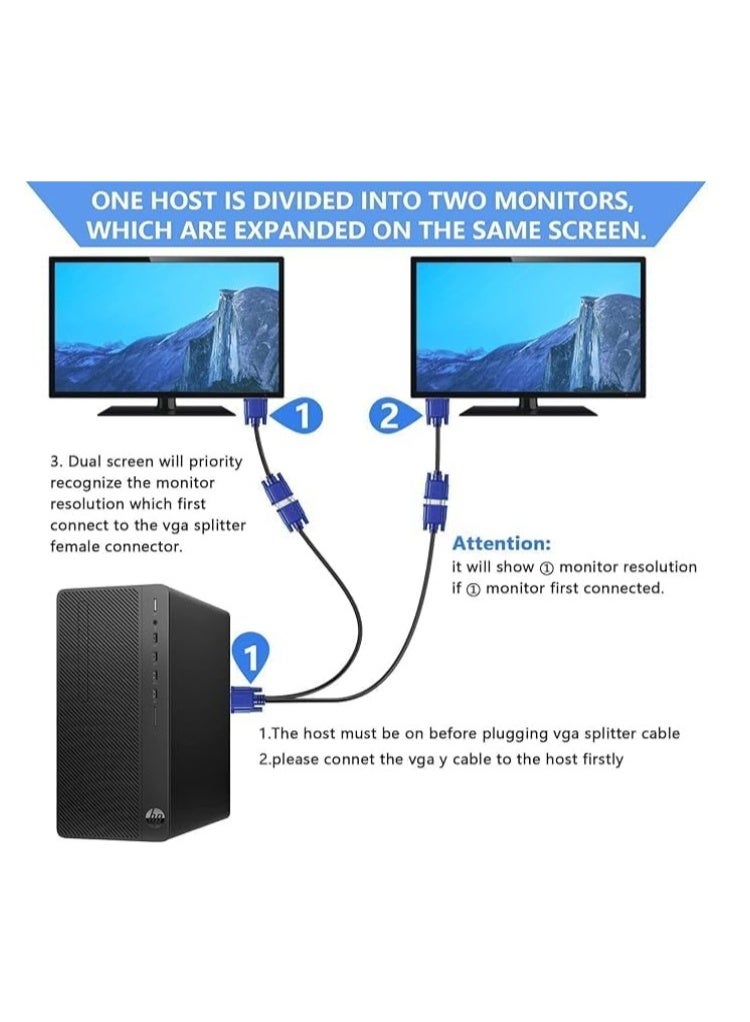 Reacon VGA Splitter Cable 1 Male to 2 Female – Dual Monitor Y Adapter for Screen Duplication (1 Ft, No Extension) - Image 3