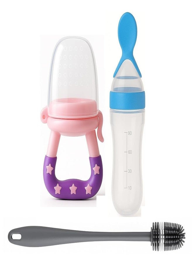Joy Buzz Baby Food Dispensing Spoon Feeder Bottle 90ml and Fruit Feeder/Nibbler/Pacifier with Cleaning Brush Pack of 3 (BLU-Pink)