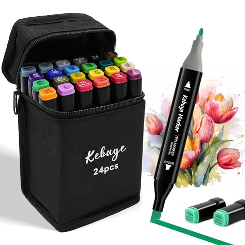 Kebuye Alcohol Markers 24 Colors Drawing Marker for Adult Coloring Books No Bleeding Dual Tip Art Marker Art Market Set for School Sketching Coloring Alcohol Based Markers with Base - Image 1