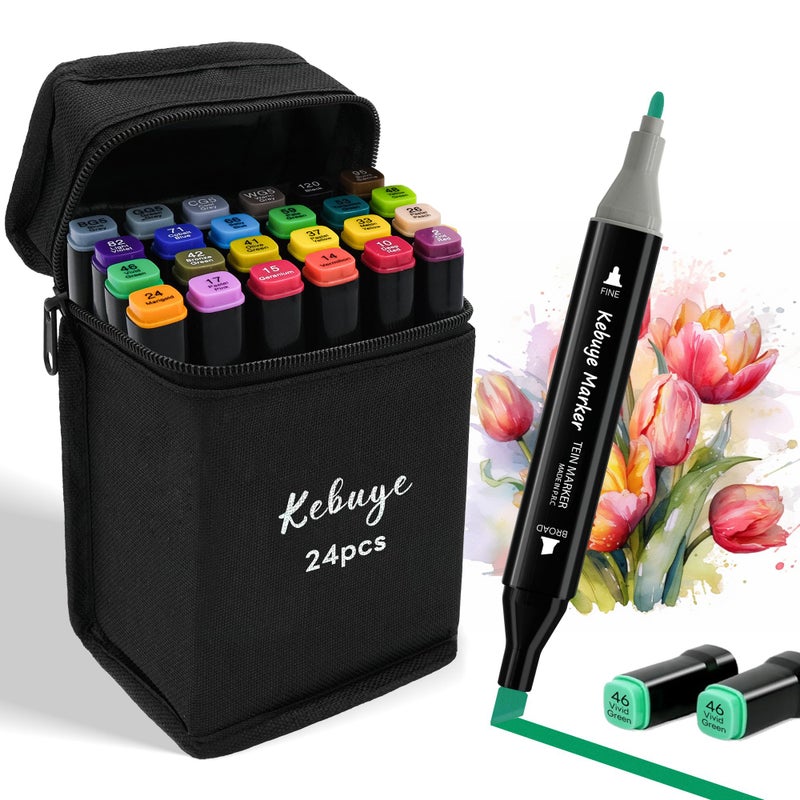 Kebuye Alcohol Markers 24 Colors Drawing Marker for Adult Coloring Books No Bleeding Dual Tip Art Marker Art Market Set for School Sketching Coloring Alcohol Based Markers with Base - Image 2