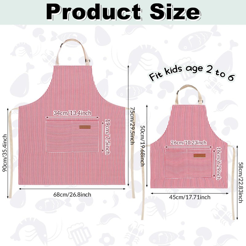 XLSXEXCL 4 Pack Parent and Child Aprons Set, Adults Kids Matching Stripes Apron Adjustable Kitchen Aprons with 2 Pockets for Women Men for Cooking Baking Painting (Blue+Pink) - Image 2
