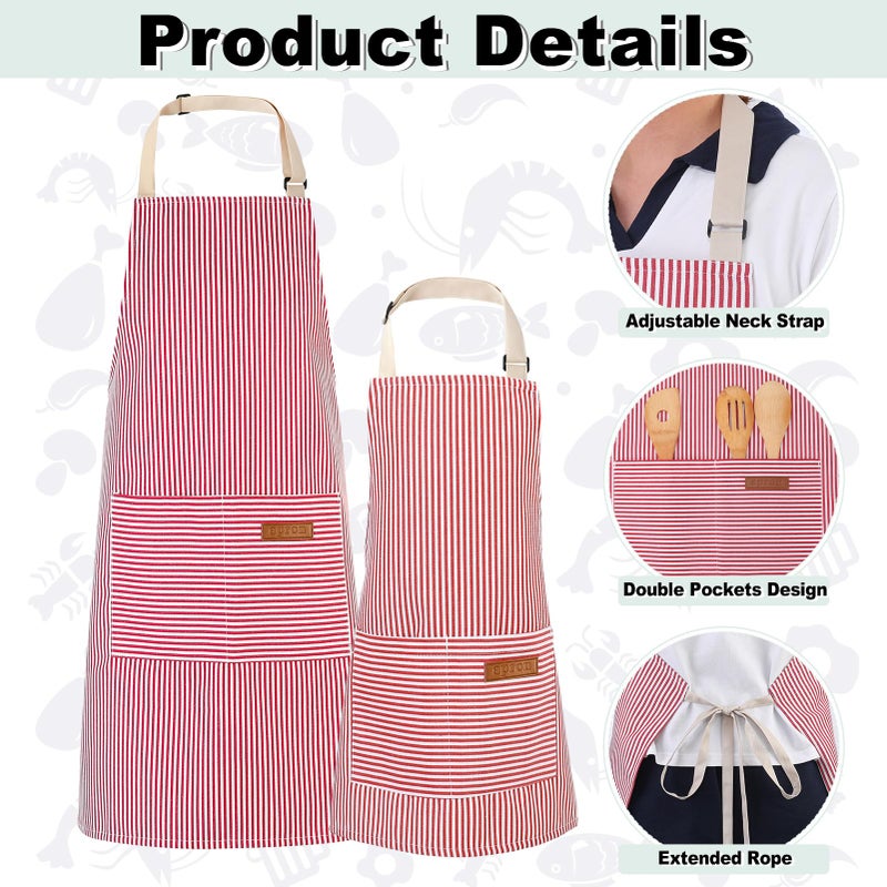 XLSXEXCL 4 Pack Parent and Child Aprons Set, Adults Kids Matching Stripes Apron Adjustable Kitchen Aprons with 2 Pockets for Women Men for Cooking Baking Painting (Blue+Pink) - Image 3