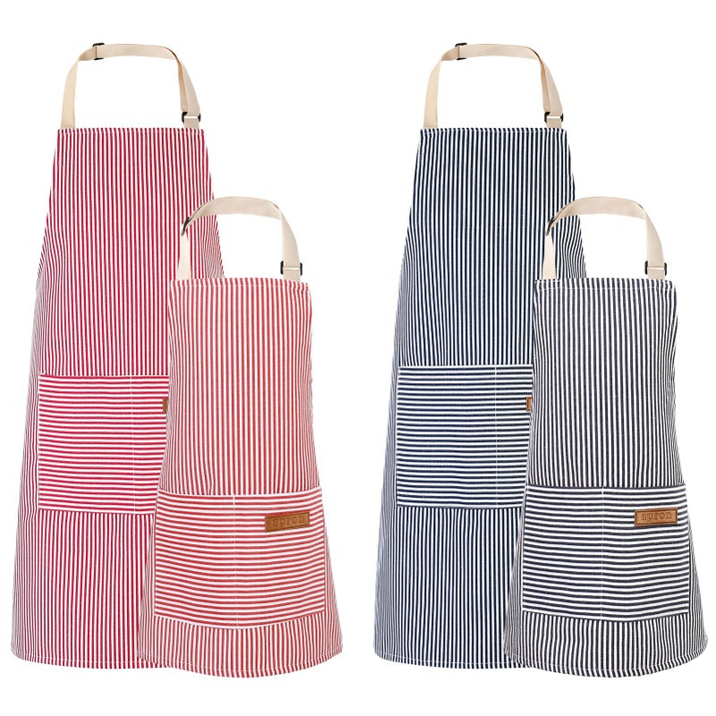 XLSXEXCL 4 Pack Parent and Child Aprons Set, Adults Kids Matching Stripes Apron Adjustable Kitchen Aprons with 2 Pockets for Women Men for Cooking Baking Painting (Blue+Pink) - Image 1