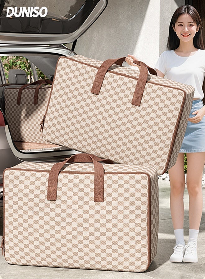 DUNISO Pack of 2 Foldable Large Clothes Storage Bag,Checkerboard  Organizer Bins with Handles & 3-side Zip,Collapsible Moving Bags For Travelling, Moving Home(50*30*25 cm) - Image 1