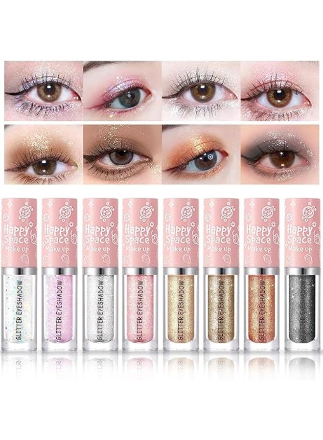 8 Pcs Liquid Glitter Eyeshadow Eyeliner, Sparkling Metallic Glitter Eye Shadow, Long Lasting Quick Drying High Pigmented Shimmer Eyeshadow Gel for Creates Sparkle Tear Drop Makeup - Image 1