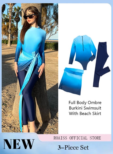 3 Piece Women Swimsuit Beach Sun Protection Clothing Conservative Style Long Sleeve Sun Protection Body Modification Printing Elements Contrasting Colors Various Matching Methods