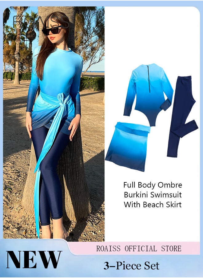 roaiss 3 Piece Women Swimsuit Beach Sun Protection Clothing Conservative Style Long Sleeve Sun Protection Body Modification Printing Elements Contrasting Colors Various Matching Methods  - Image 1