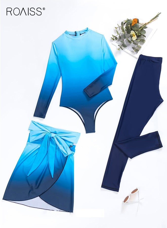 roaiss 3 Piece Women's Swimsuit, Beach Sun Protection Clothing, Conservative Style Long Sleeve Sun Protection Swimwear Cover Up, Modification Printing Elements Contrasting Colors Swimwear, Various Matching Methods - Image 3