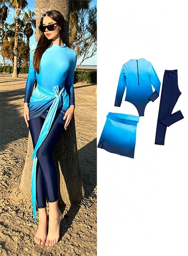 roaiss 3 Piece Women's Swimsuit, Beach Sun Protection Clothing, Conservative Style Long Sleeve Sun Protection Swimwear Cover Up, Modification Printing Elements Contrasting Colors Swimwear, Various Matching Methods - Image 2