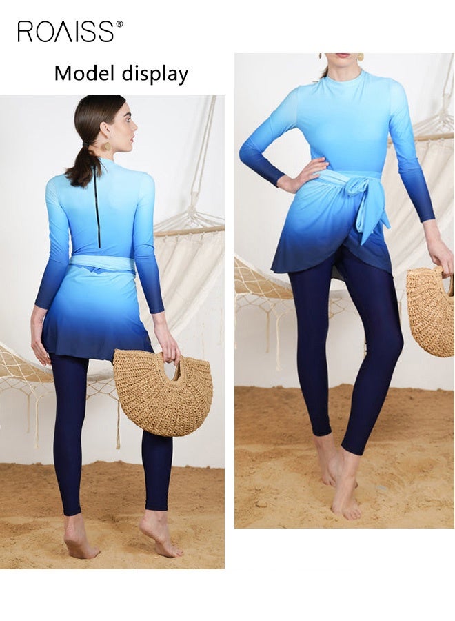 roaiss 3 Piece Women's Swimsuit, Beach Sun Protection Clothing, Conservative Style Long Sleeve Sun Protection Swimwear Cover Up, Modification Printing Elements Contrasting Colors Swimwear, Various Matching Methods - Image 4