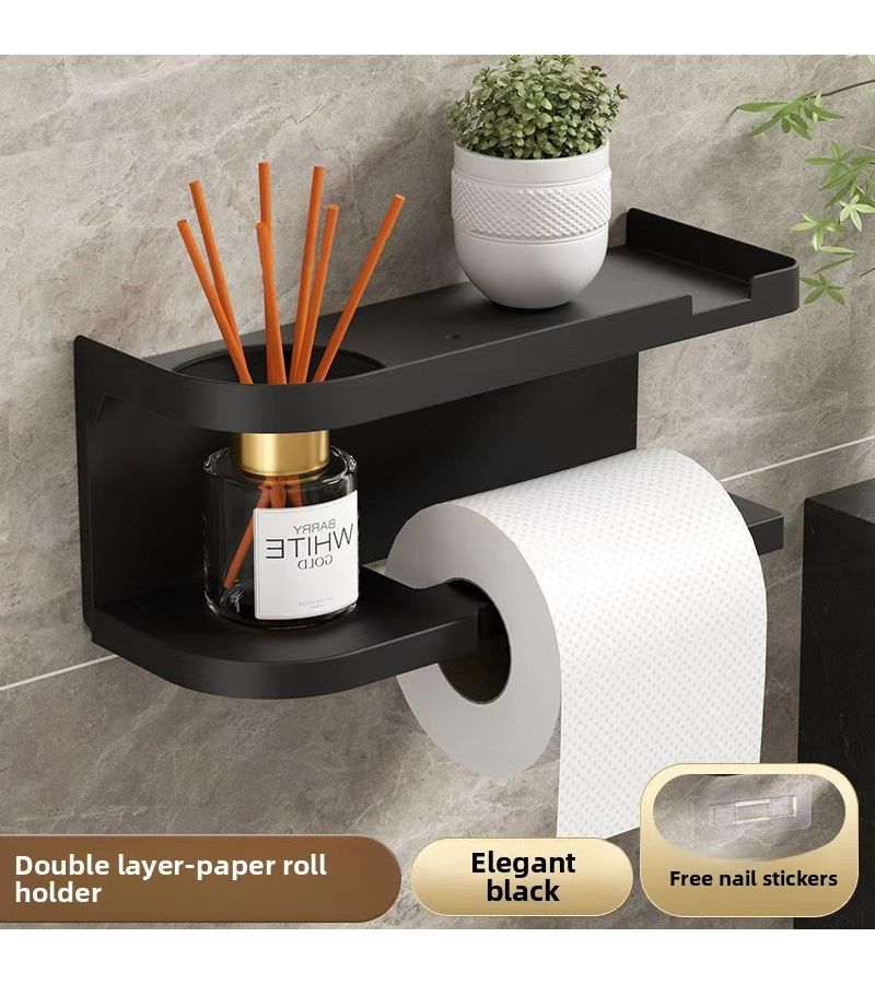 Self Adhesive Wall Mounted Toilet Paper Holder Bathroom Shelf Easy Install Modern Bathroom Decor Suitable For Humid Environments Storage Organization Space Saving Minimalist Solution Black - Image 2