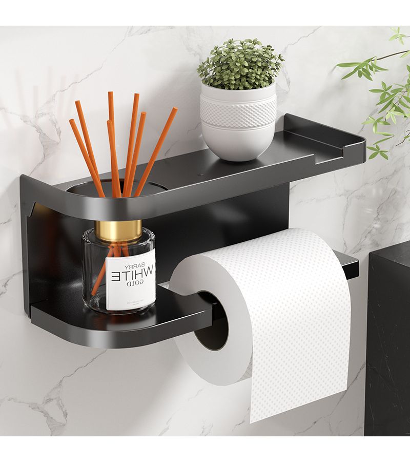 Self Adhesive Wall Mounted Toilet Paper Holder Bathroom Shelf Easy Install Modern Bathroom Decor Suitable For Humid Environments Storage Organization Space Saving Minimalist Solution Black - Image 4