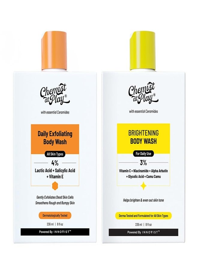 Chemist at Play Exfoliating Body Wash (236ml) + Brightening Body Wash (236ml) | With Lactic Acid, Salicylic Acid, Vitamin C, Niacinamide, Ceramides & Hyaluronic Acid | Smoothens & Brightens Skin - Image 1