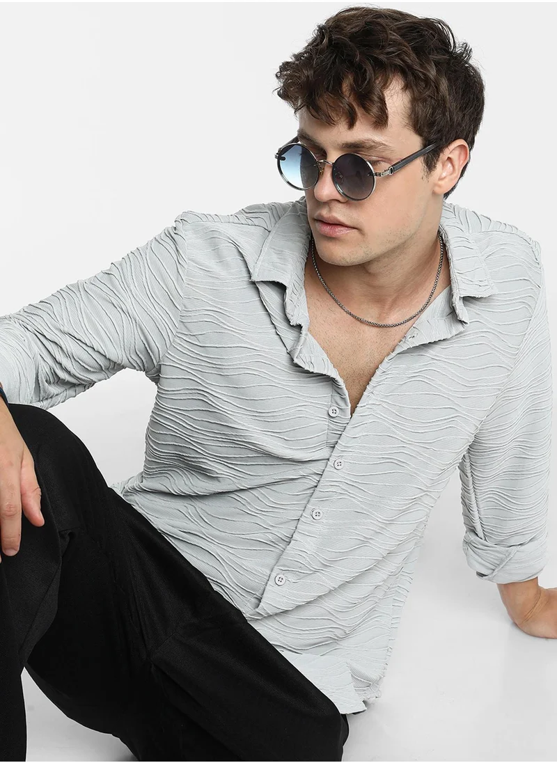 كامبوس سوترا Men's Baby Blue Self-Design Wave Shirt