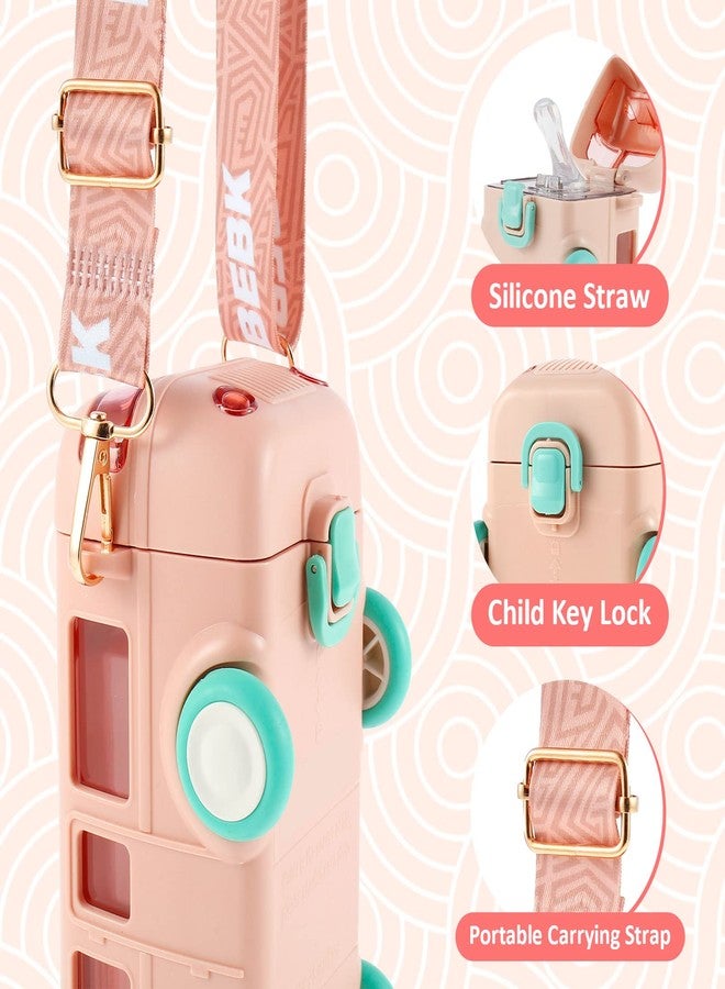 EUWBSSR Car Straw Water Cup 16oz Portable Detachable Bus Water Bottle with Shoulder Strap Leak-Proof Kids Small Drinking Cup Cute Cartoon Water Jug Toy Locking Flip Lid Water Kettle for Kids (Pink) - Image 3
