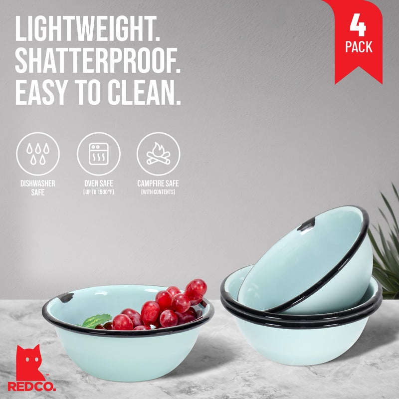 Red Co. Set of 4 Enamelware Metal Classic 20 oz Round Cereal Bowl, Distressed Aqua/Black Rim - Image 1