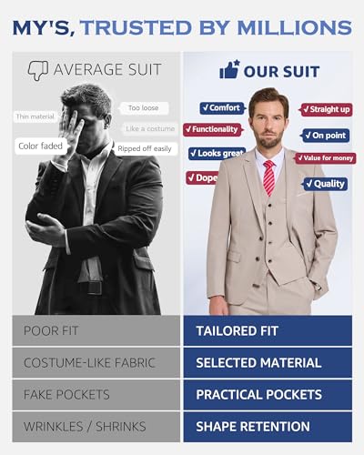 MYS MY'S Men's 3 Piece Slim Fit Suit Set with Tie, 2 Button Blazer Jacket Vest & Pants, Business Wedding Party Prom Suit for Men, Black Medium - Image 5