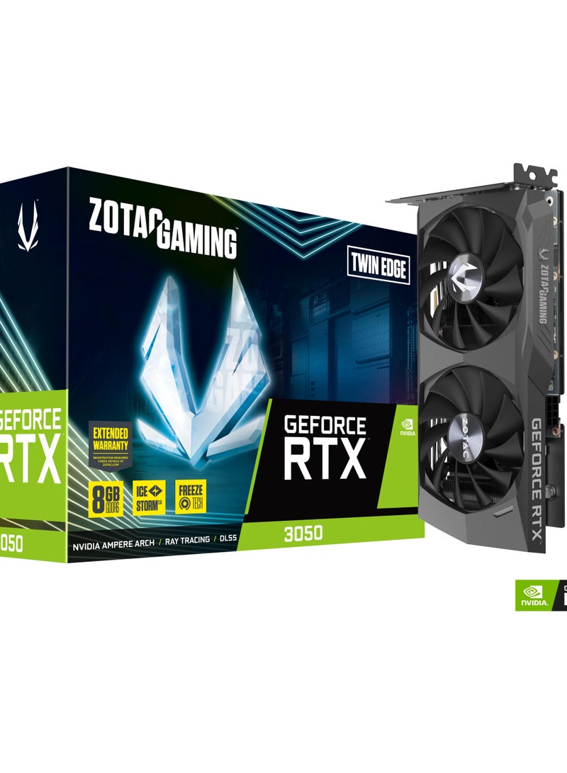 ZOTAC GAMING GeForce RTX 3050 Twin Edge, 8GB, GDDR6 Graphics Memory - 2nd Gen Ray Tracing Cores - 3rd Gen Tensor Cores  - IceStorm 2.0 Advanced Cooling - Active Fan Control with FREEZE Fan Stop - Metal Backplate Black | ZT-A30500E-10M - Image 1
