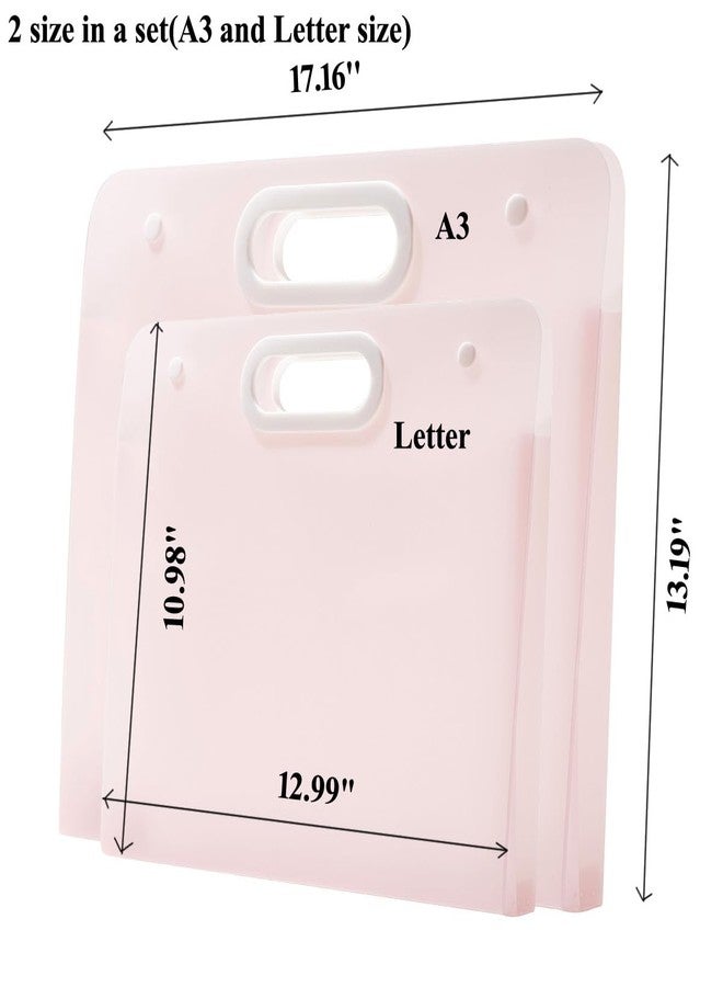 Sohynca 2pcs Plastic Art Portfolio Folder 17.32x13.22inch and 12.99x11inch Arts Storage Case for Diamond Painting, Student Drawing Container, Kids Artworks Keepsakes Storage Case,A3 and Letter Size (Pink) - Image 2