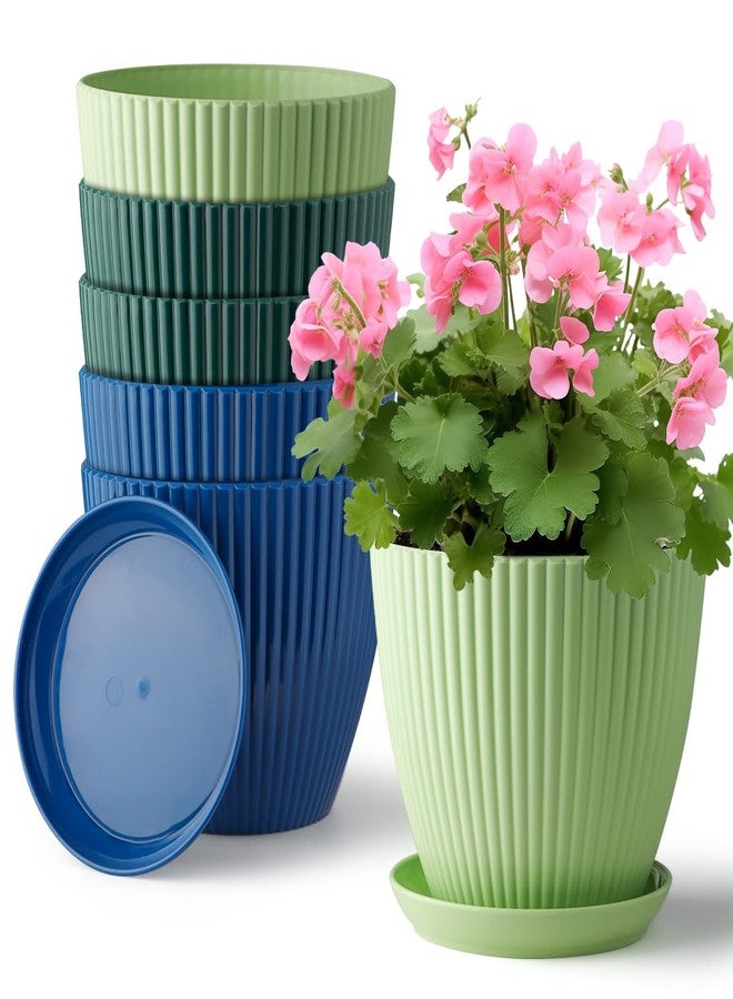 RooTrimmer 7 inch Large Plant Pots with Drainage Holes and Tray Saucers, 6 Pack Plastic Thick Sturdy Flower Pots for Plants Indoor Outdoor - Image 1