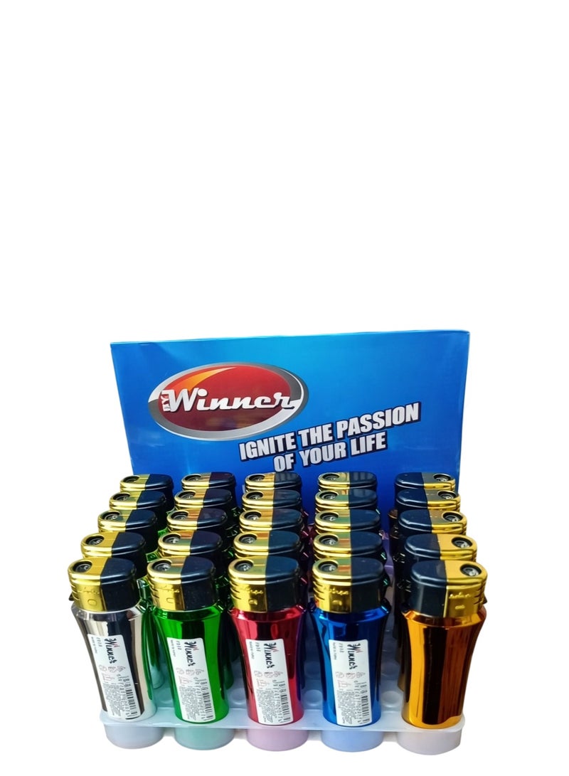 ولاعة غاز قابلة لإعادة التعبئة من وينر – عبوة 25 قطعة مع حامل عرض، شعلة مقاومة للهواء، جسم معدني متين، ألوان متعددة للاستخدام اليومي