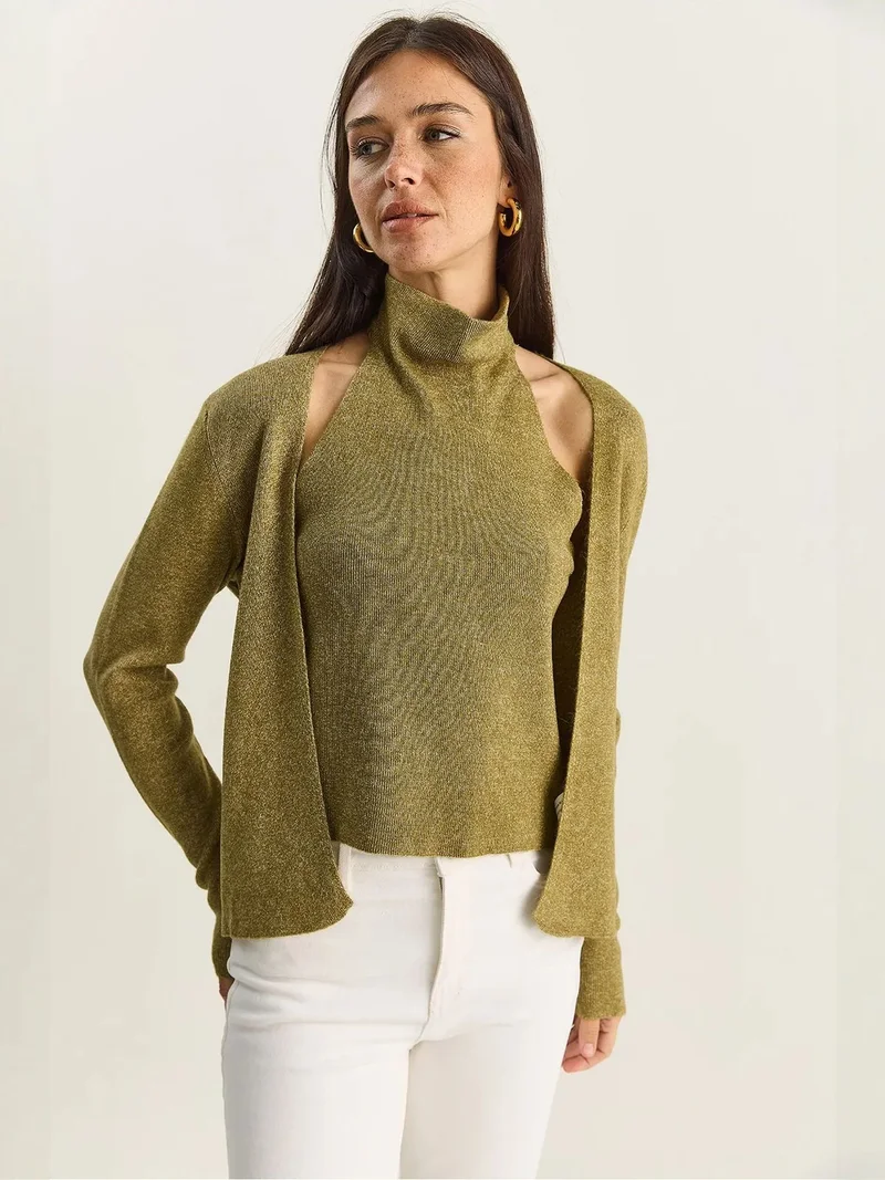 Bianco Lucci LUCCI Half Turtleneck Cut Out Ribbed Blouse