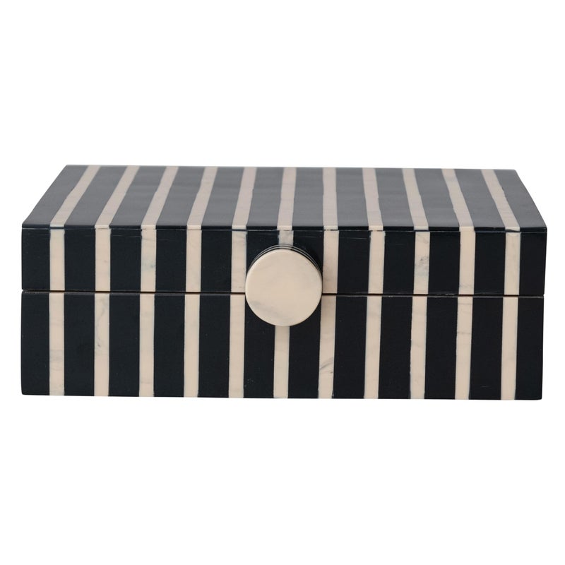 Creative Co-op Creative CoOp Handmade Mango Wood and Resin Striped Storage Box with Knob Black Tan Natural - Image 2